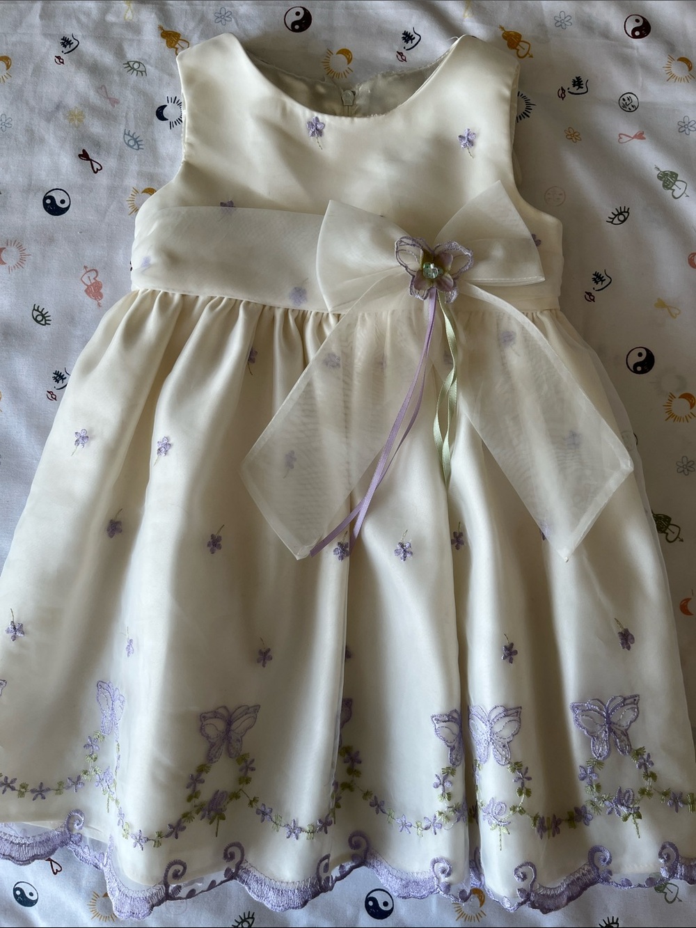 Ivory Organza Floral Bow Dress with Purple Embroidery